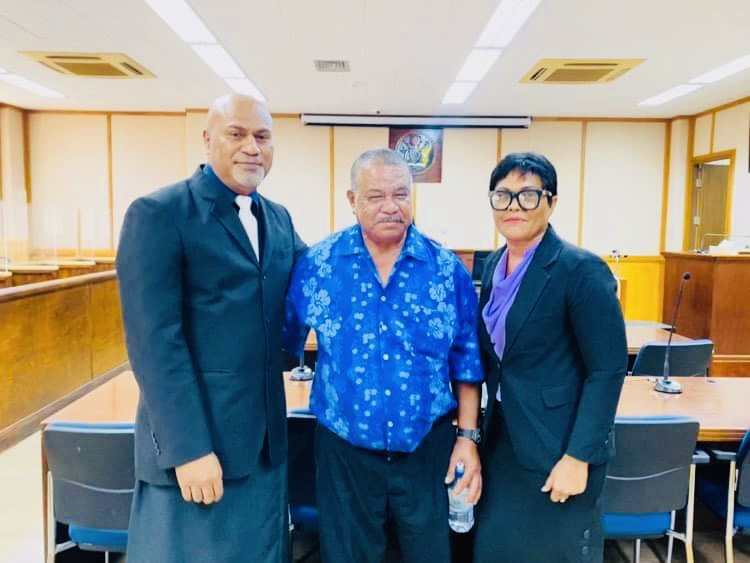 Defence Counsel Tangaroa Vakalalabure and Lavi Rokoika flank Moetai after the jury verdict